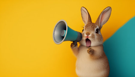 Adorable Brown Rabbit Makes An Announcement Using A Megaphone On A Colorful Background.の素材