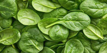 Vibrant green spinach leaves seen from above, fresh and organically grown with beautiful textureの素材