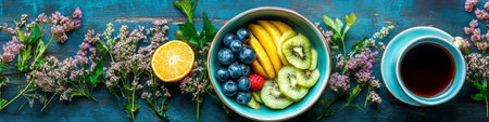 Fruit Salad Bowl, Vibrant Breakfast with Blueberries and Mango on a Rustic Blue Wood Tableの素材