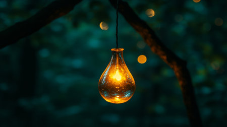 Glowing Vintage Light Bulb Hanging in the Dark Forest, Creating a Magical Bokeh Effectの素材