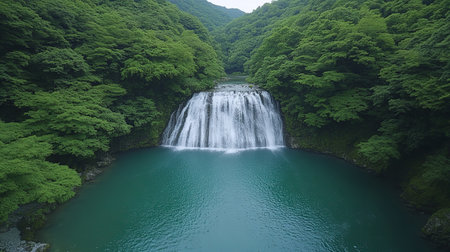 Emerald Serenity A Captivating Aerial View Of A Japanese Waterfall On A Lush Summer Dayの素材