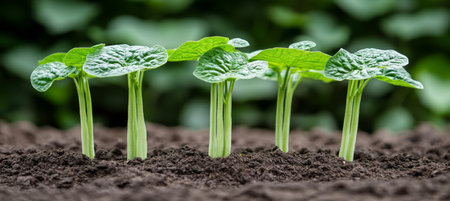 Five Young Green Bean Plant Seedlings Sprouting in Rich Soil of a Garden Bed, Close Up Viewの素材