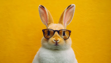 Close-Up Portrait of Adorable Rabbit Stylish Pet with Sunglasses on a Bold Yellow Backgroundの素材