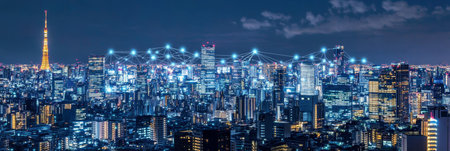 Tokyo Skyline at Twilight A Network of Lights Connecting Buildings in a Futuristic Cityscapeの素材