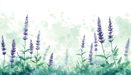 Watercolor Lavender Field, Gentle Floral Background, Pastel Green and Purple, Floral Designの素材