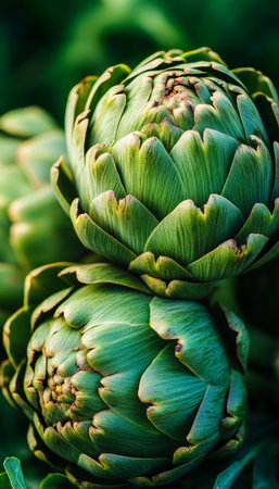 Fresh, Vibrant Green Artichokes Growing in a Lush Garden, Detailed Close-Up of Healthy Produceの素材