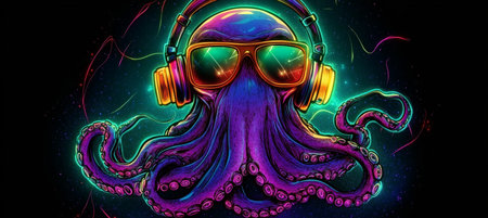 Neon Party Octopus DJ with Headphones and Sunglasses. Vibrant Illustration on Dark Backgroundの素材