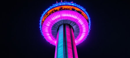 Vibrant Communication Tower with Futuristic Lighting Design against a Black Backgroundの素材