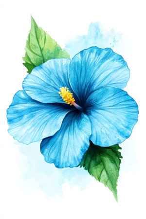 Watercolor Tropical Flower Illustration, Soft Turquoise and Blue Floral Design Elementの素材