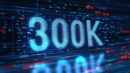 300K Digital Milestone Abstract Futuristic Technology Background with Glowing Numbersの素材