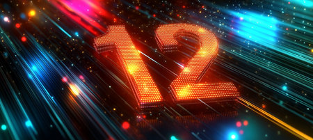 Glowing Orange and Red Digital 3D Number 12 on a Dark Geometric Background with Vibrant Lightingの素材