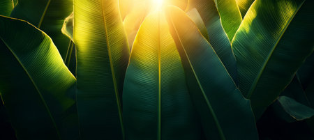 Elliptical Green Leaves with Vvid Sunlight Backdrop. Banner, Green Nature Backgroundの素材