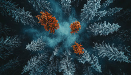 Icy Embrace A Top View Of Winter s Majesty In Snow Covered Frozen Spruce Coniferous Treesの素材