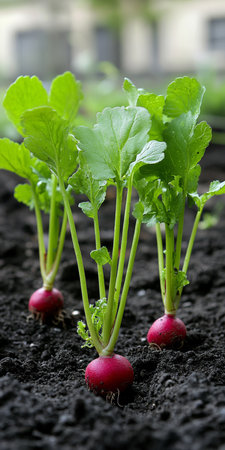 Fresh, red radishes growing in a garden bed, close-up view of vibrant vegetables in rich soil.の素材