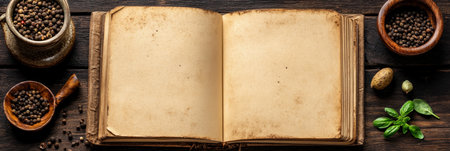 Open Vintage Recipe Book with Spices, Herbs, and Ingredients on Rustic Wooden Background, Top Viewの素材