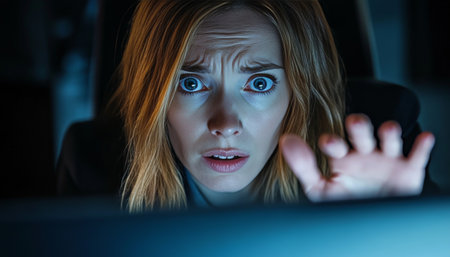 Terrified Woman at Work, Fear in her Eyes, Sensing Danger, Hand Reaching, Potential Violenceの素材