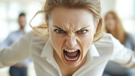 Anger Management Issues, Portrait of Angry Businesswoman Yelling at Work in Office Settingの素材