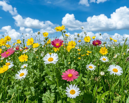 Vibrant Meadow Colorful Daisies and Wildflowers in Full Bloom Under a Sunny Sky With Fluffy Clouds.の素材