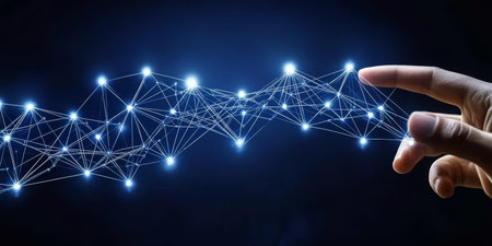 Human Hand Reaching Towards Futuristic Glowing Neural Network, Representing Artificial Intelligenceの素材