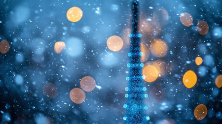 Blue Outline of Television Tower in Digital Network Style Over City Lights at Night, Berlin Germanyの素材