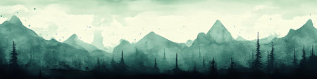 Serene Green Mountain Landscape, Minimalist Watercolor Painting of Misty Peaks and Pine Treesの素材