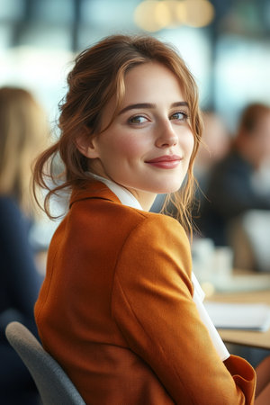 Smiling Young Businesswoman in a Vibrant Office Setting A portrait of confidence and success.の素材