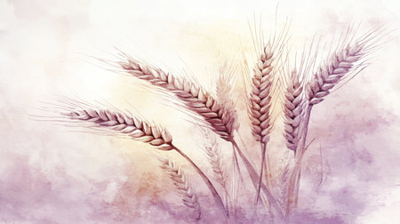 Pastel Lavender Wheat Watercolor Texture, Intricate Plant Outlines, Warm Light, Dreamy Aestheticの素材