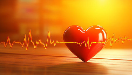 3D Red Heart with Vibrant Gradient Background and ECG Line, Symbolizing Healthcare and Wellnessの素材