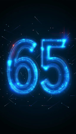 Glowing, electric blue, futuristic number 65 on a dark, digital abstract technology background.の素材