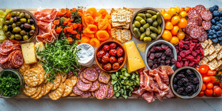 Overhead View, Cheese And Charcuterie Board, Cured Meats, Dried Fruits, Crackers, Bright Lightingの素材