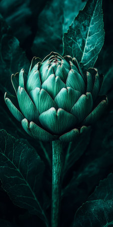 Vibrant Green Artichoke Blossom in Moody Lighting A Close-Up View of Fresh, Organic Produceの素材