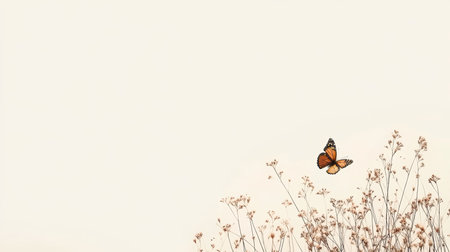 Delicate Monarch Butterfly Fluttering Over Muted Orange Floral Background, Minimalist Nature Sceneの素材