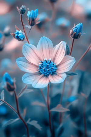 Dreamy Blue Wildflower An ethereal glow highlights a delicate pastel blue wildflower in soft lightの素材