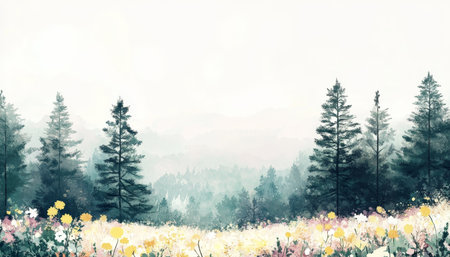 Watercolor Misty Forest Landscape, Gentle Floral Meadow, Pastel Floral Bloom, Serene nature.の素材