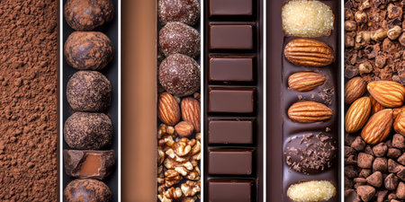 Diverse Chocolate Treats Collage Truffles, Pralines, Dark Chocolate Bars, Overhead Viewの素材