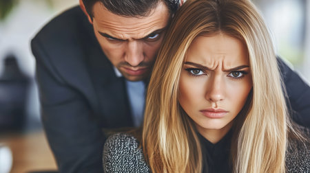 Power Dynamics, Intimidation In The Workplace. Man Leaning Over A Woman In A Display Of Dominance.の素材