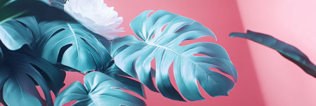 Tropical Monstera Plant Leaves on Pastel Pink Background, Nature Aesthetic Minimalismの素材