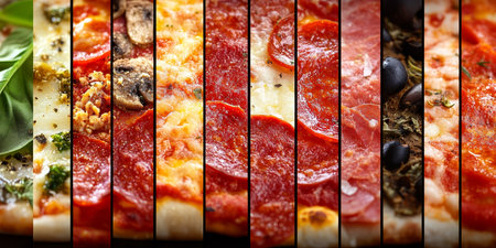 Collage of Delicious Pizza Slices with Various Toppings, Vibrant Colors and Sharp Focusの素材