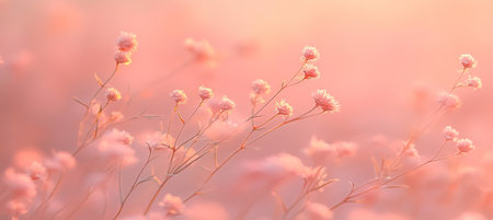 Field Of Delicate Peach Wildflowers Bathed In The Warm, Ethereal Glow Of A Setting Sunの素材