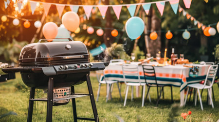 Summer Backyard Barbeque Party, Festive Decor, Grill Ready for Labor Day Weekend Celebration.の素材
