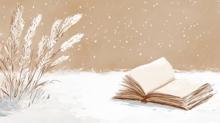 Open Book on Snowy Ground, Delicate Wildflowers, Pastel Brown Background, Airy Winter Sceneの素材