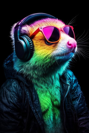 Neon Party Animal Cool Colorful Opossum DJ in Headphones and Sunglasses Isolated on Blackの素材