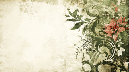 Vintage Floral Background, Elegant Swirls, Faded Parchment Texture, Grunge Style Design.の素材