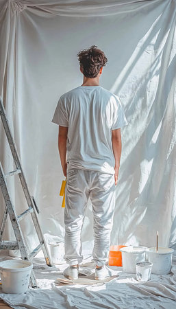 Back View Of Painter In White, Holding Roller, Against Covered Wall In Sunlight, Renovation Projectの素材