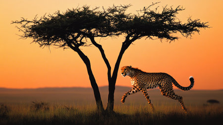 Solitary Cheetah Prowling Through the Savannah at Sunset, African Wildlife and Landscapeの素材