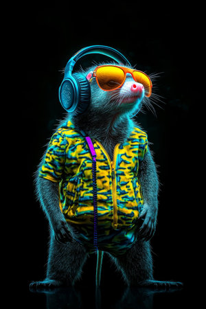 Neon Party DJ Cool Opossum in Trendy Headphones and Sunglasses, Isolated on Black Backgroundの素材