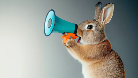 Important Announcement Brown Hare With Blue Megaphone On Neutral Background, studio shotの素材