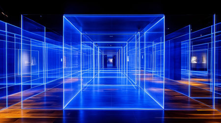 Neon Corridor With Geometric Pattern,Abstract Modern Architecture In Blue,Futuristic Interior designの素材