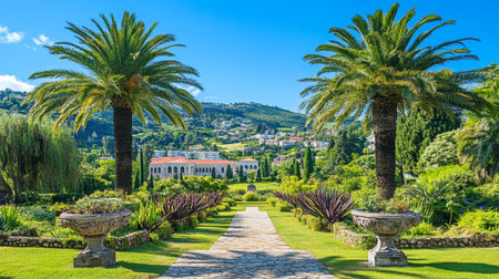 Terraced Gardens With Pathway, Palm Trees, and Building in the Background on a Sunny Dayの素材