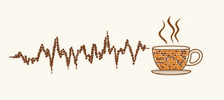 Energized Day Rhythmic Coffee Bean Pulse, Steaming Cup. Artful Illustration of Coffee s Essence.の素材